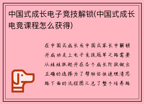 中国式成长电子竞技解锁(中国式成长电竞课程怎么获得)